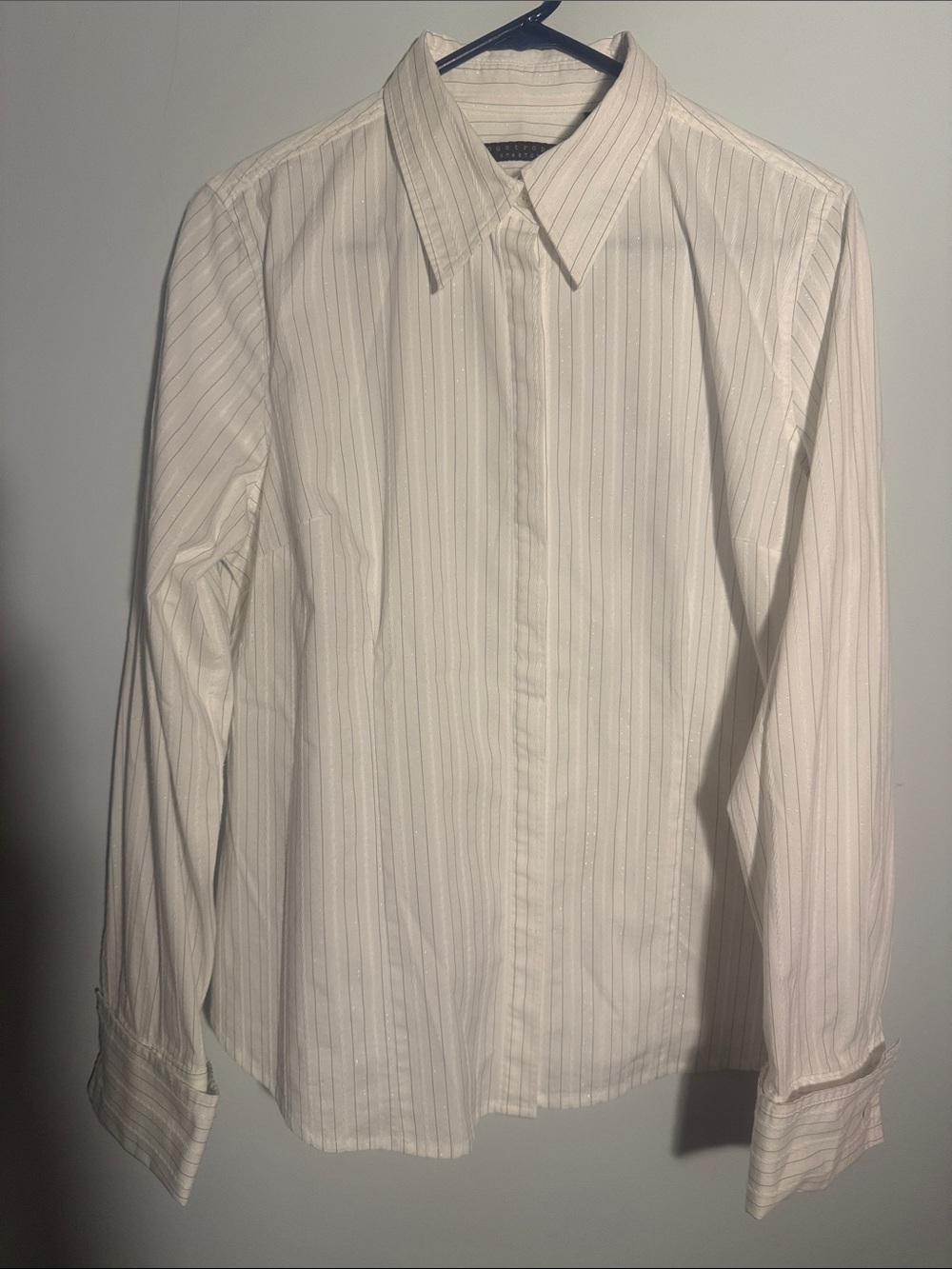 Women’s White Pinstripe Button-Up Dress Shirt